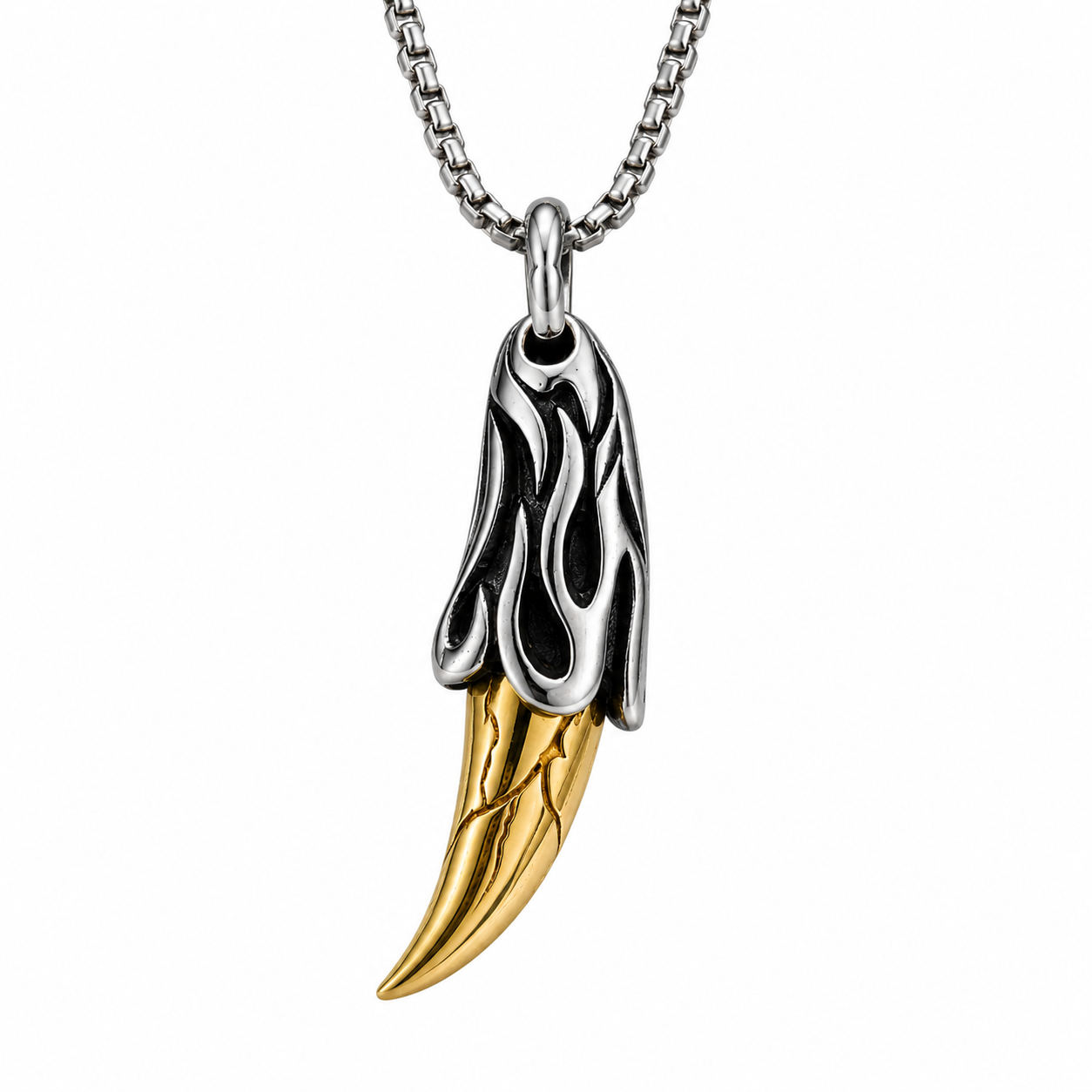 Men Gothic Tiger Tooth Pendant Necklace Dark Silver Flame details Box Chain Gift PN0026