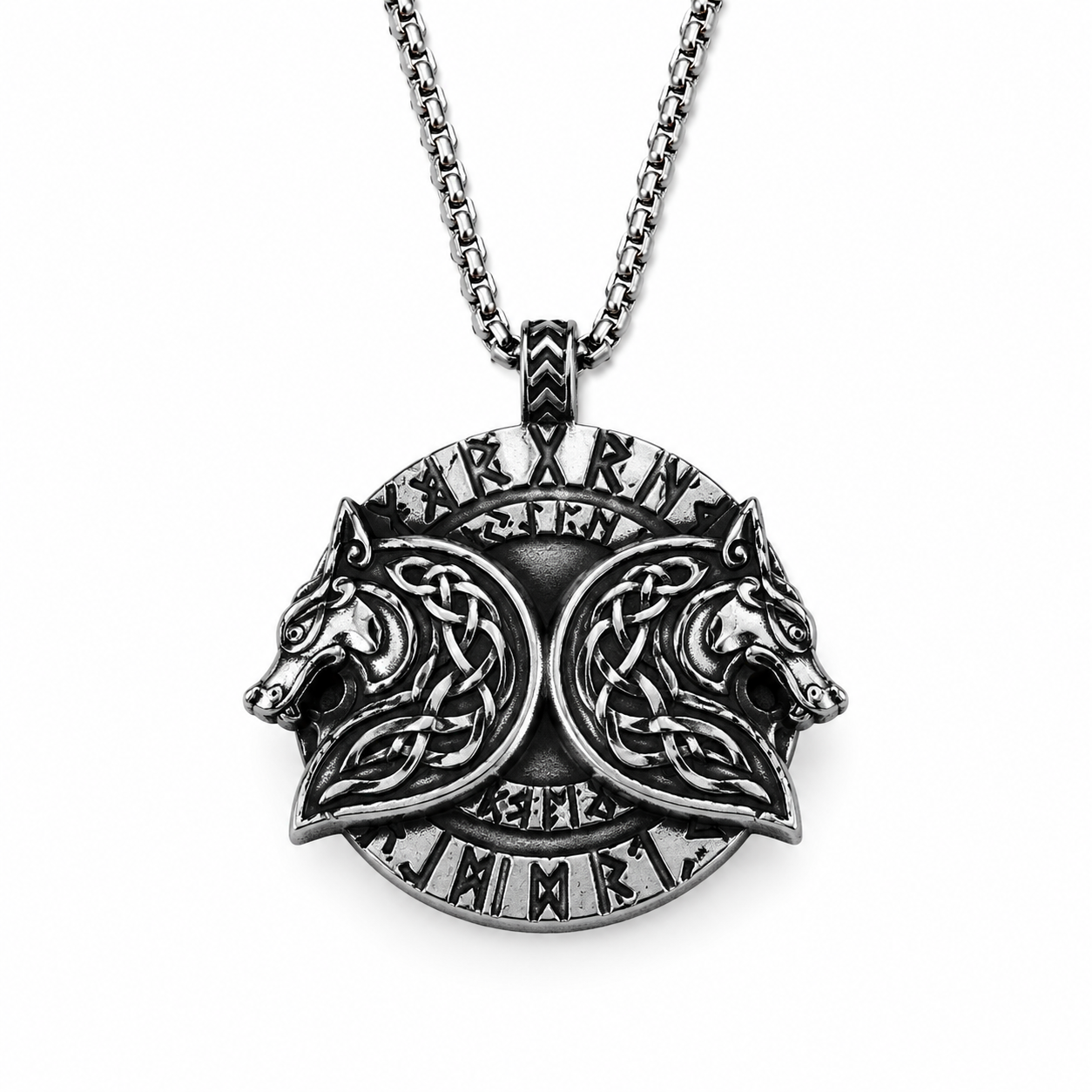 Viking Double Wolf Head Pendant Necklace Celtic Knot Rune Stainless Steel Amulet with Chain PN0189