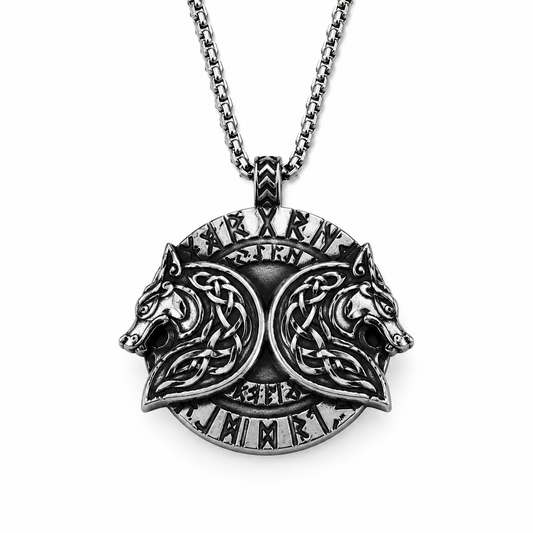 Viking Double Wolf Head Pendant Necklace Celtic Knot Rune Stainless Steel Amulet with Chain PN0189