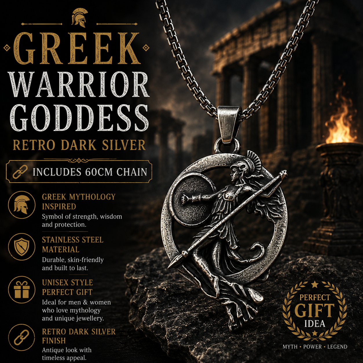 Unisex Retro Greek Goddess Warrior Pendant Necklace Dark Silver Stainless Steel Mythology Chain Gift PN0015