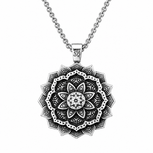 Unisex Vintage Flower Pendant Necklace Stainless Steel Zen Yoga Punk Necklace with 60cm Chain Gift for Men Women PN0016