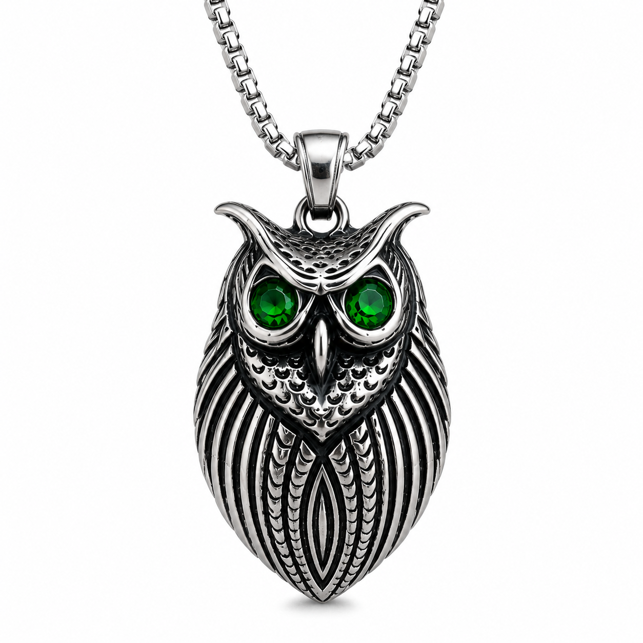 Retro Owl Necklace Stainless Steel Pendant Red Green Gem Eyes Gothic Animal Charm Chain Gift PN0027