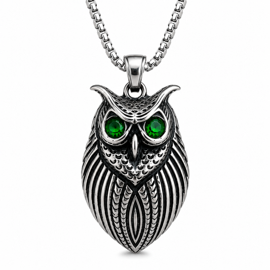 Retro Owl Necklace Stainless Steel Pendant Red Green Gem Eyes Gothic Animal Charm Chain Gift PN0027