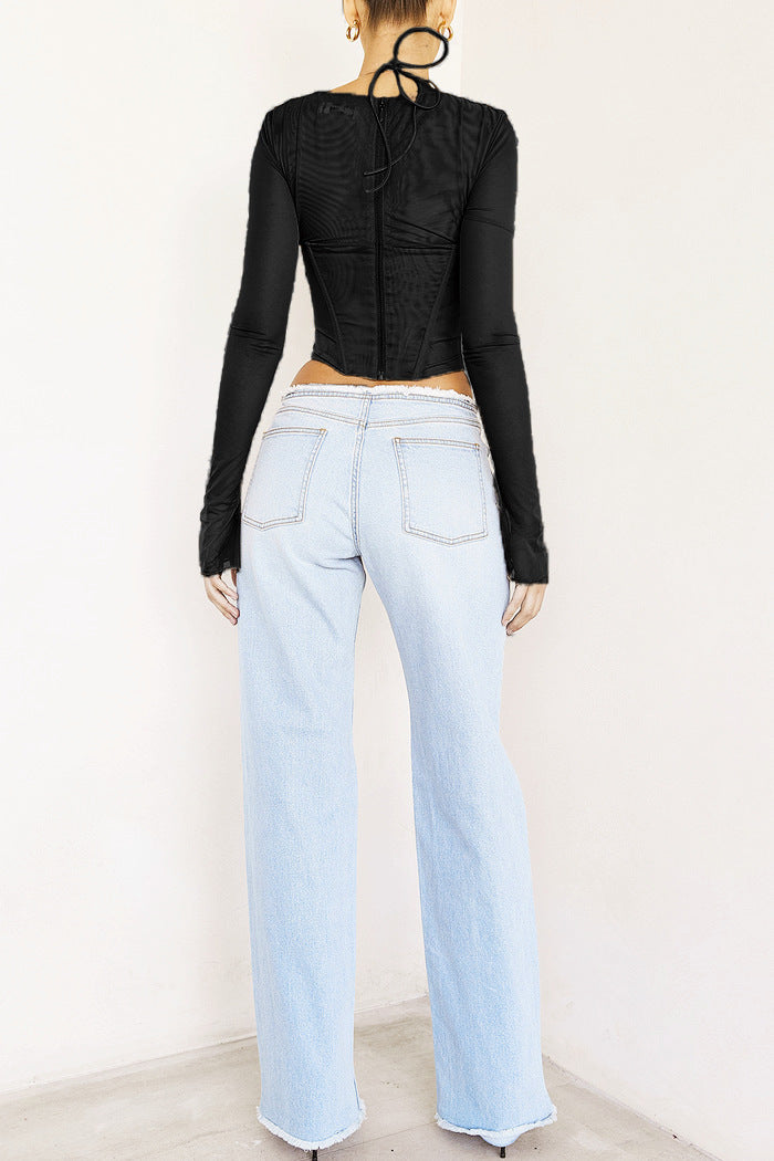 Sexy Women Fishbone Hollow Perspective Exposed Navel Mesh Short Top 3 Colors