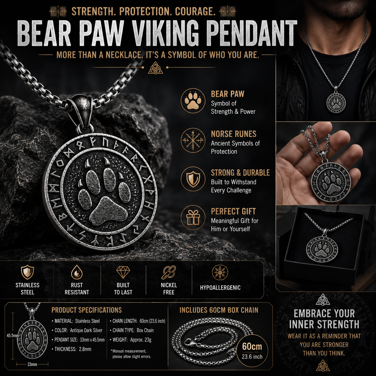 Viking Bear Paw Rune Pendant Necklace Nordic Amulet Stainless Steel Symbolic Totem Gift PN0069