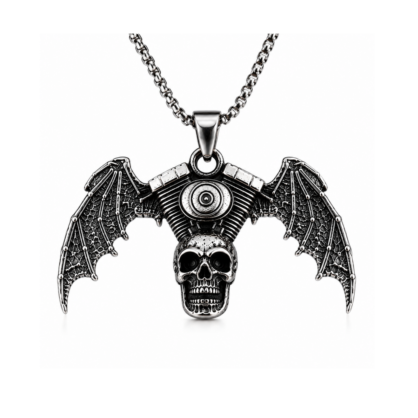 Vintage Biker Skull Bat Wing Pendant Necklace Gothic Motorcycle Engine Chain PN0025