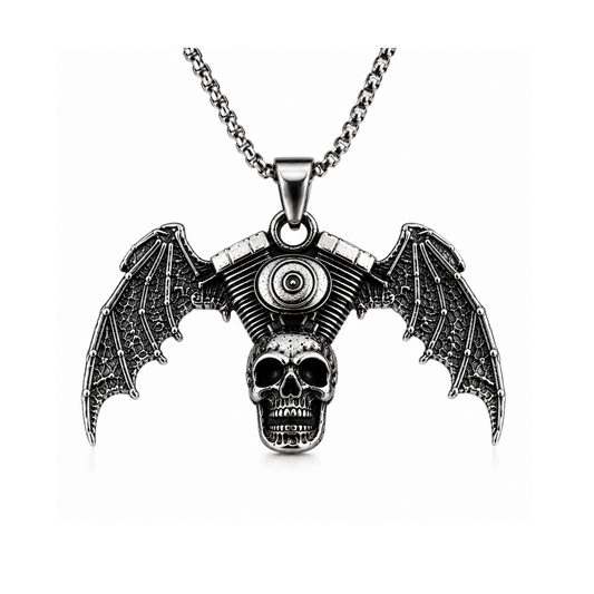 Vintage Biker Skull Bat Wing Pendant Necklace Gothic Motorcycle Engine Chain PN0025