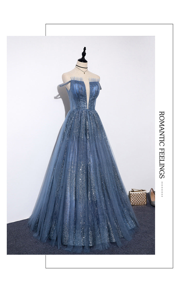 Women V-Neck Banquet Wedding Dress Cold Shoulder Evening Dress Shaggy Skirt