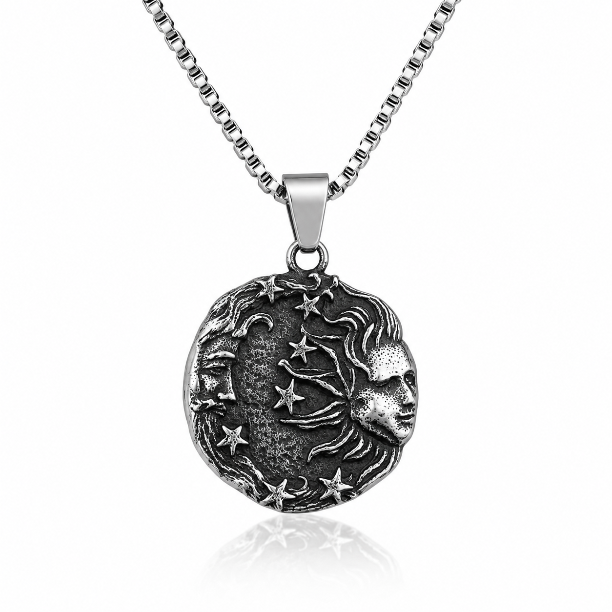 Vintage Sun Moon Face Pendant Necklace Antique Silver Celestial Stainless Steel Necklace Cosmic Star Pendant with Chain Gift PN0018