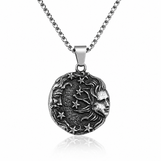 Vintage Sun Moon Face Pendant Necklace Antique Silver Celestial Stainless Steel Necklace Cosmic Star Pendant with Chain Gift PN0018