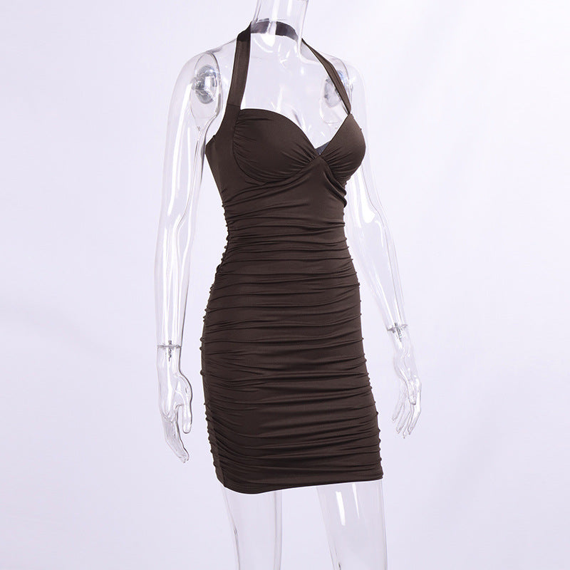 Women Sexy Halter Neckline Backless Tight Fitting Pleated Miniskirt Dress