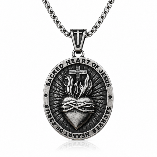 Sacred Heart of Jesus Pendant Necklace for Men Women, Double Sided Stainless Steel Christian Cross Medal, Vintage Dark Silver Religious Necklace with 60cm Box Chain, Catholic Faith Gift #PN0031