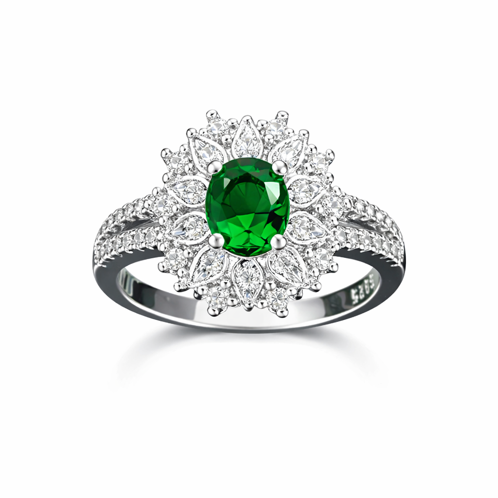 Women Green Oval CZ Halo Ring Silver Tone Alloy Engagement Style Jewellery Gift # R190