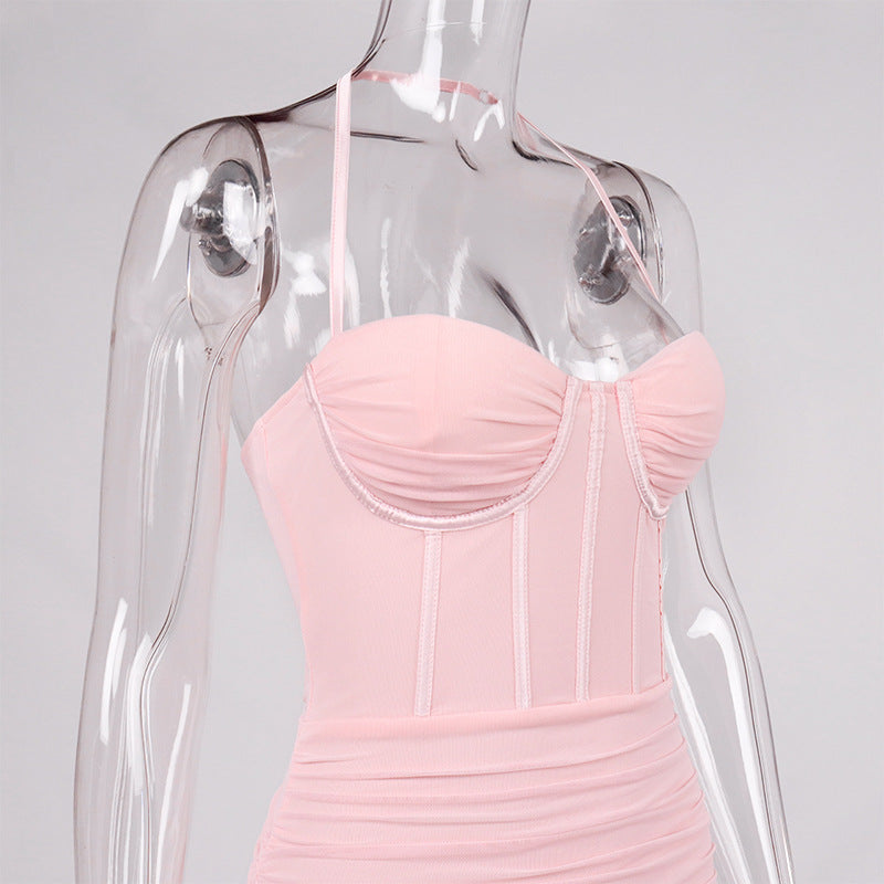 Women Sexy Halter Neckline Backless Pleated Tight Fitting Miniskirt Dress