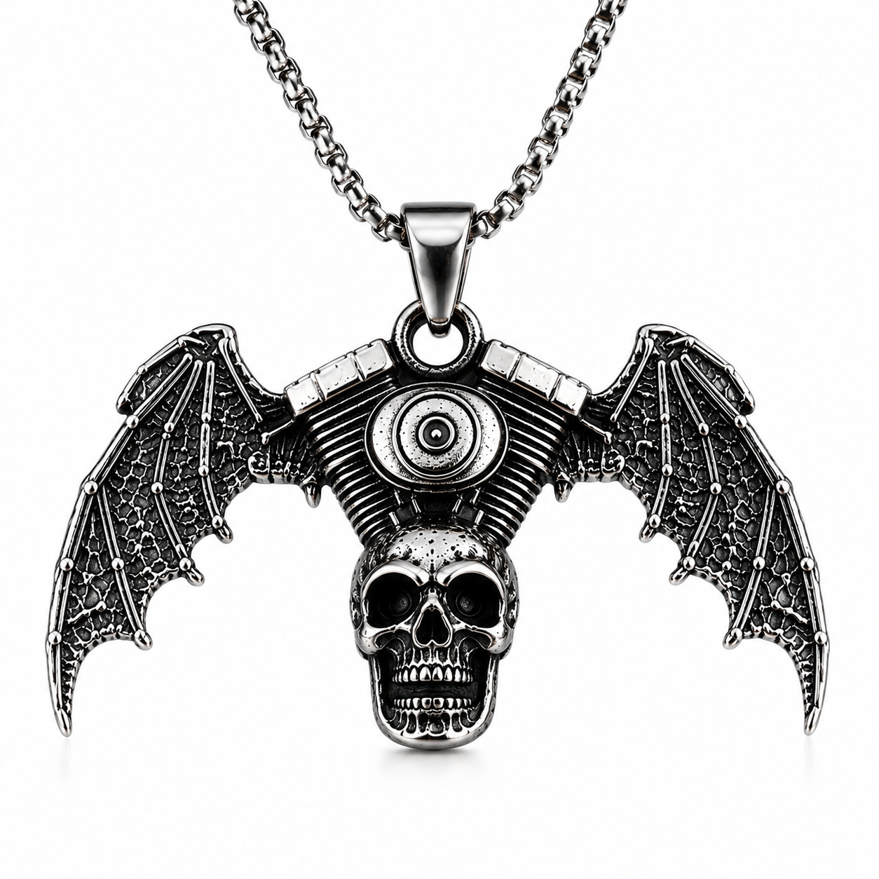 Vintage Biker Skull Bat Wing Pendant Necklace Gothic Motorcycle Engine Chain PN0025