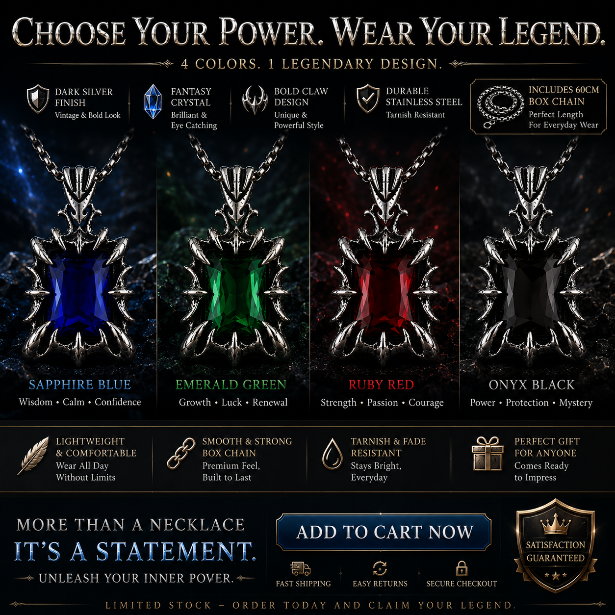 Retro Fantasy Vintage Gothic Crystal Pendant Necklace Dark Silver Stainless Steel Chain Blue Green Red Black Gem PN0029