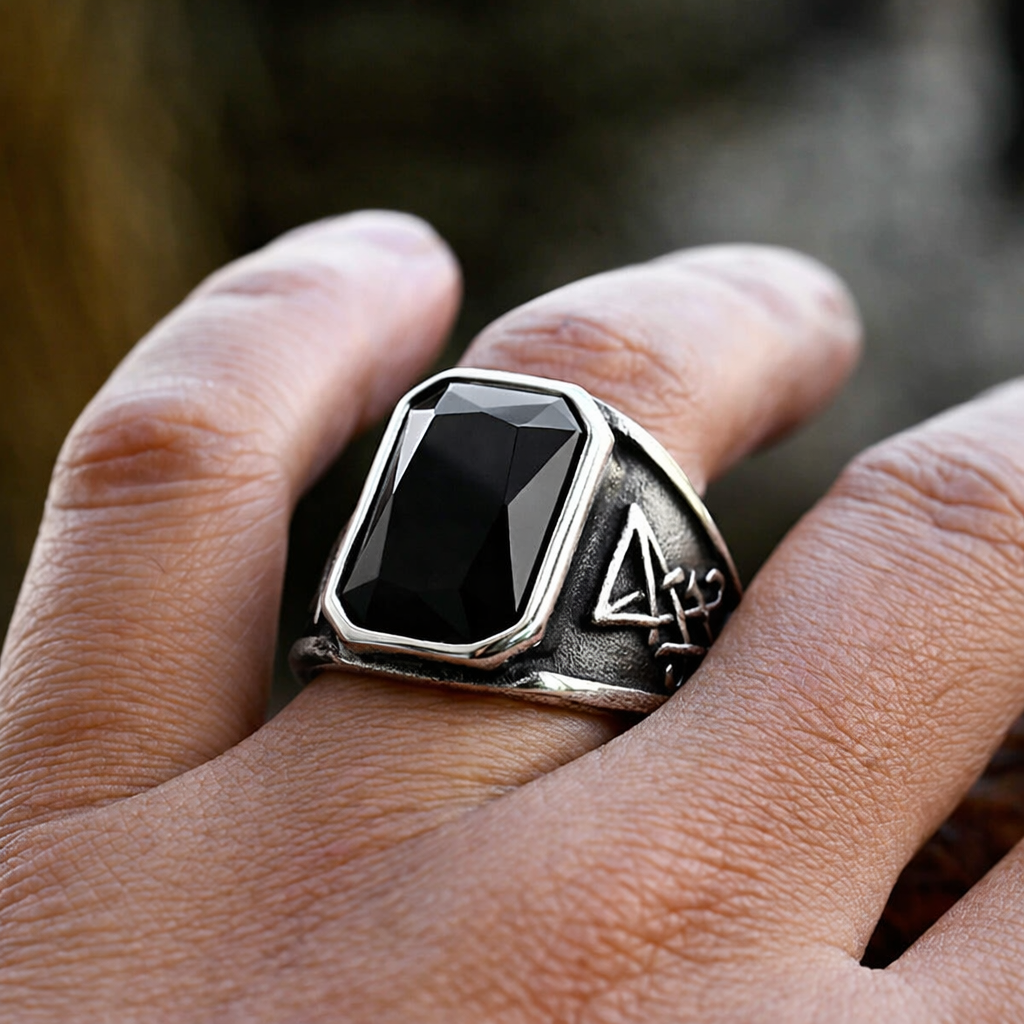 Men Gothic Black Stone Signet Ring Vintage Occult Engraved Rock Biker Punk Band # R366