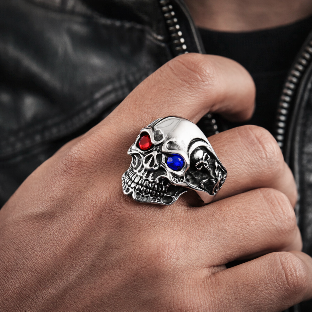 Men’s Gothic Skull Ring Red & Blue CZ Eyes Silver Tone Biker Punk Statement Ring # R25