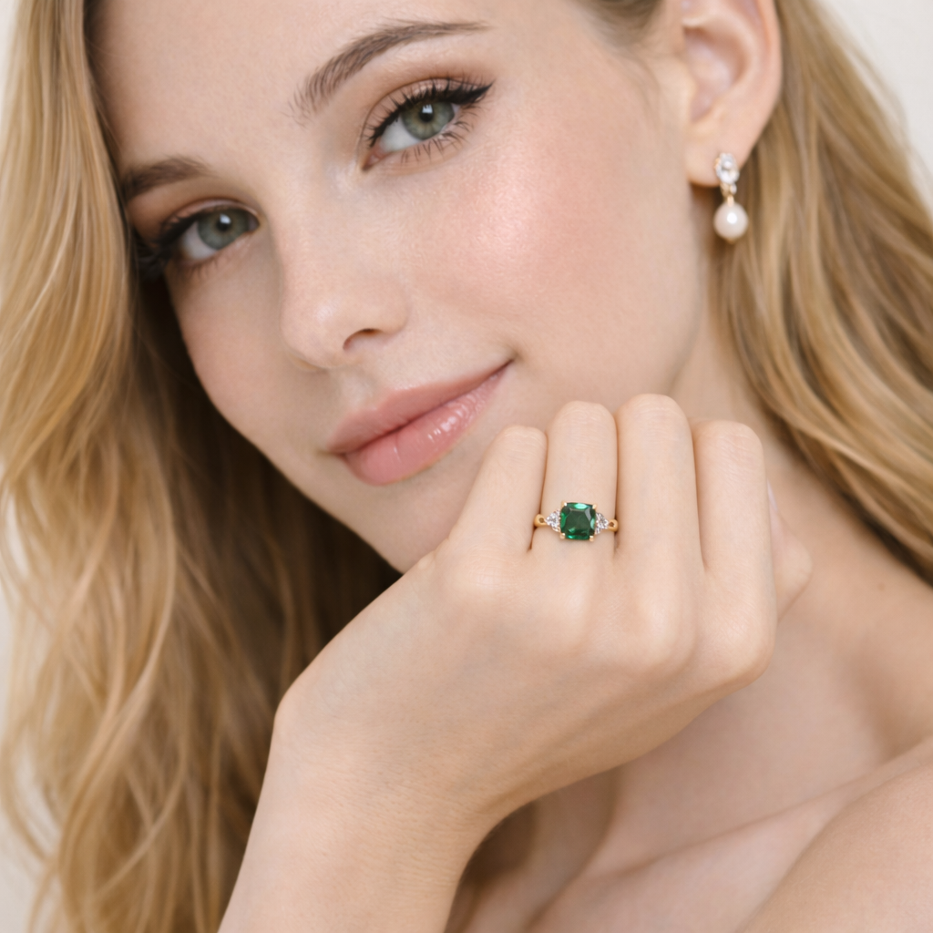 Women Gold Tone Cushion Cut Zircon Rings Green Blue Red Pink & FREE LED Gift Box # R228