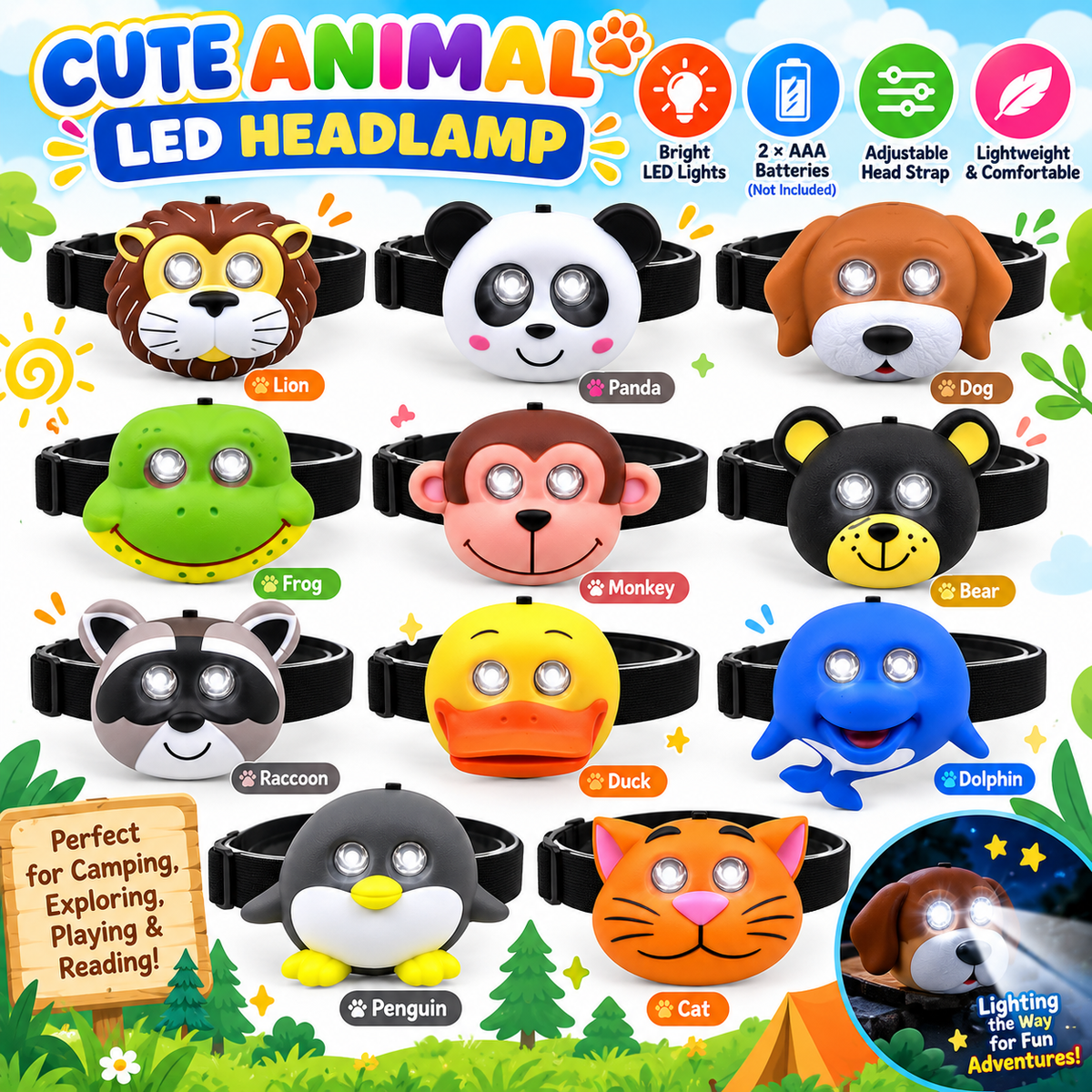 Cute Animal LED Head Torch Headlamp Adjustable Camping Light Flashlight