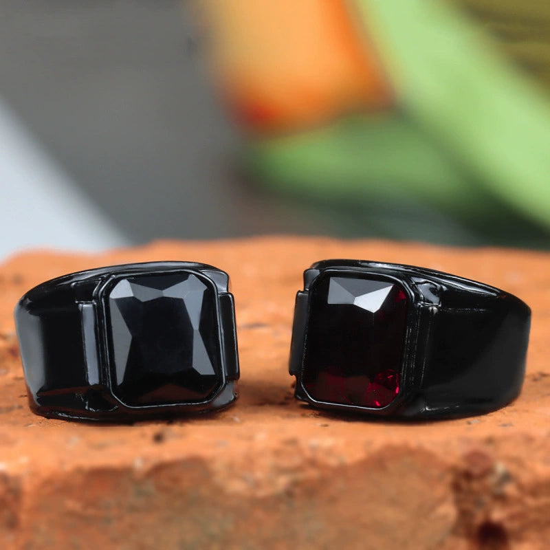 Men Biker Square Signet Ring Black or Red Synthetic Stone Vintage Statement Band # R321