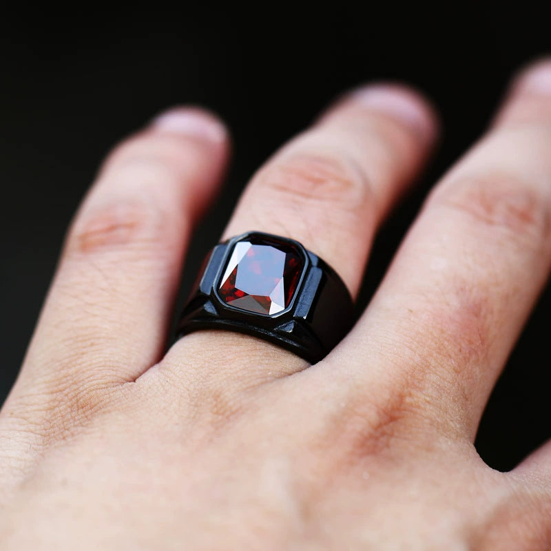 Men Biker Square Signet Ring Black or Red Synthetic Stone Vintage Statement Band # R321