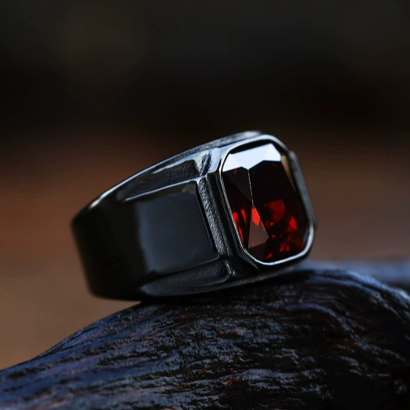 Men Biker Square Signet Ring Black or Red Synthetic Stone Vintage Statement Band # R321