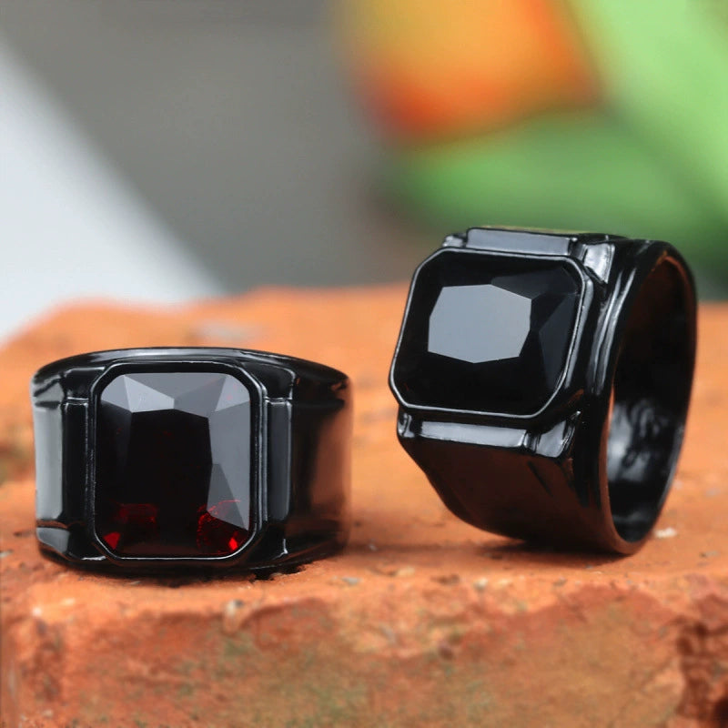 Men Biker Square Signet Ring Black or Red Synthetic Stone Vintage Statement Band # R321