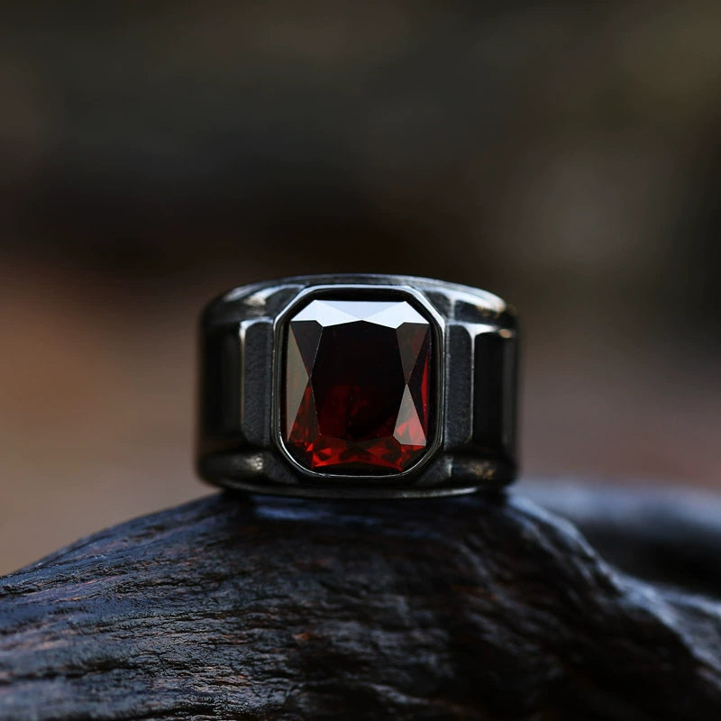 Men Biker Square Signet Ring Black or Red Synthetic Stone Vintage Statement Band # R321
