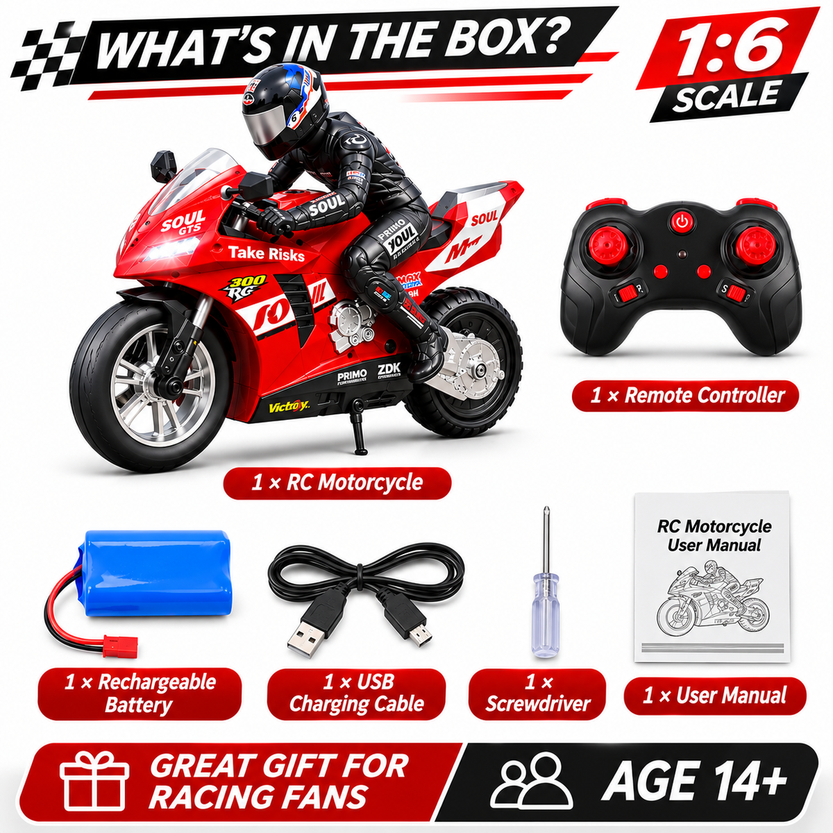 1:6 RC Stunt Motorcycle Remote Control Motorbike 360° Drift Wheelie Red Blue