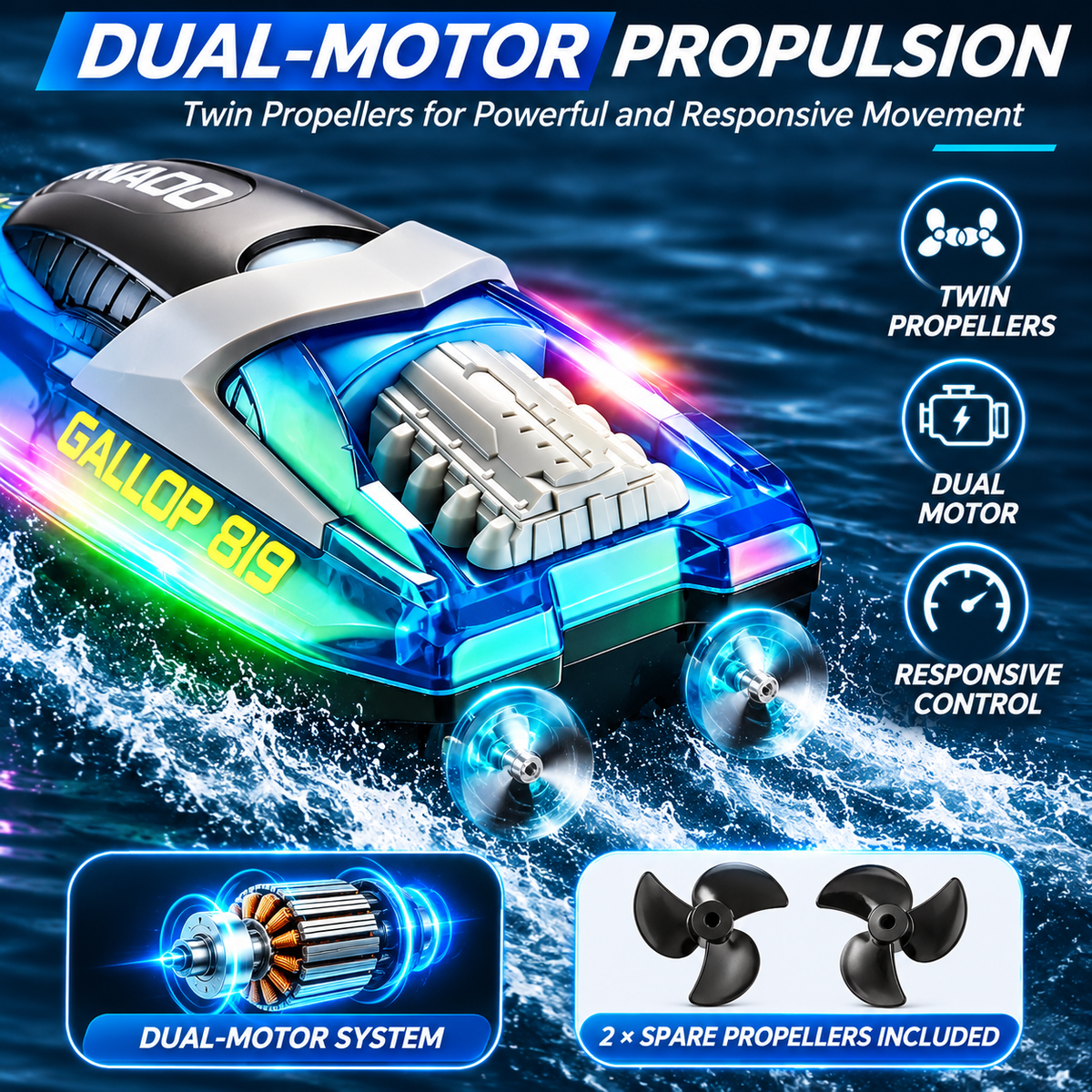 RC Speed Boat 2.4GHz Remote Control Dual Motor LED Lights Rechargeable Toys Boys