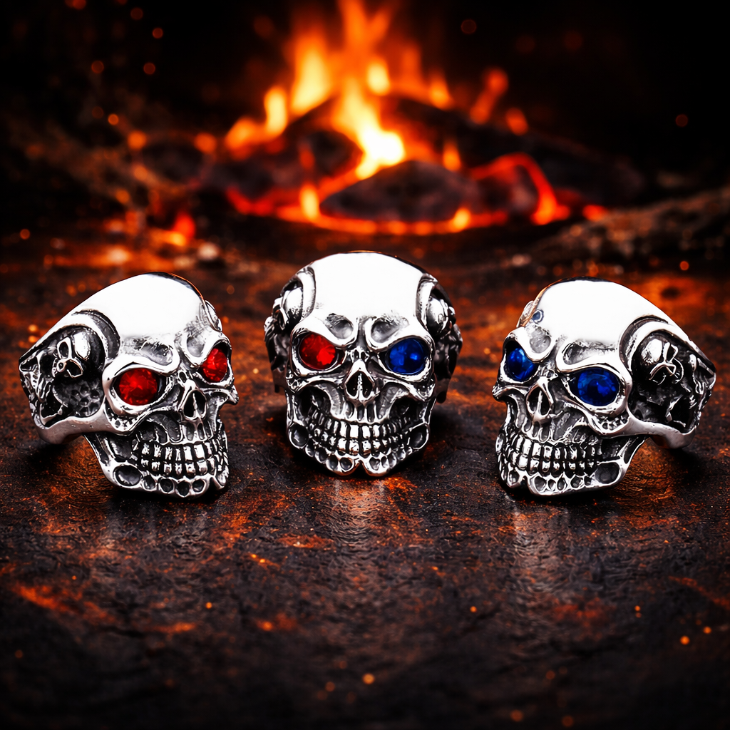 Men’s Gothic Skull Ring Red & Blue CZ Eyes Silver Tone Biker Punk Statement Ring # R25