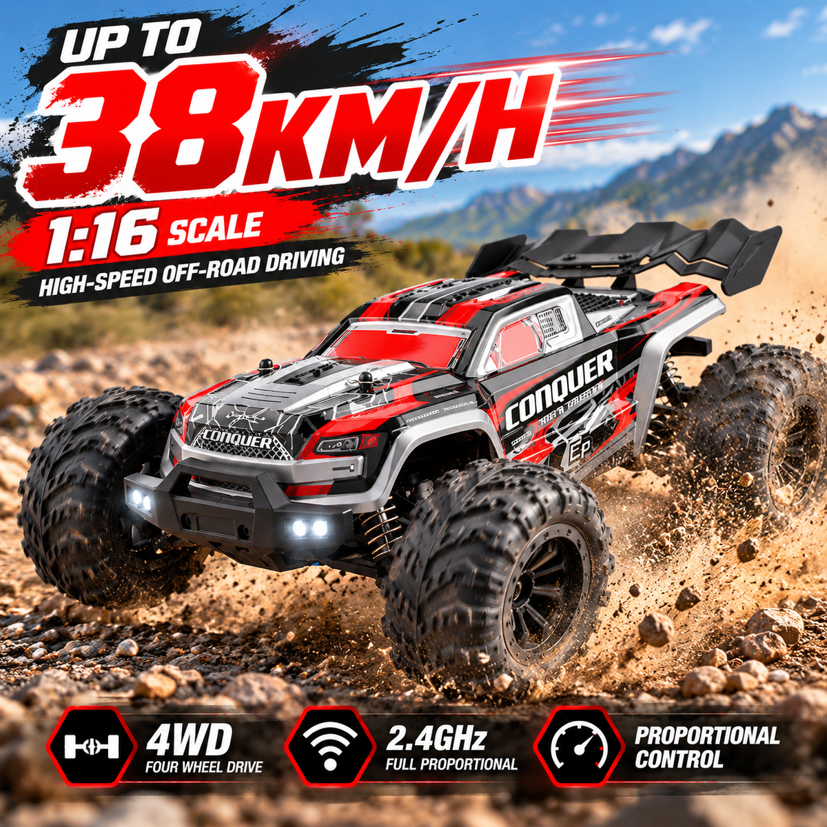 1:16 RC Car 38km/h 4WD High Speed Off Road Monster Truck 2.4GHz Remote Control