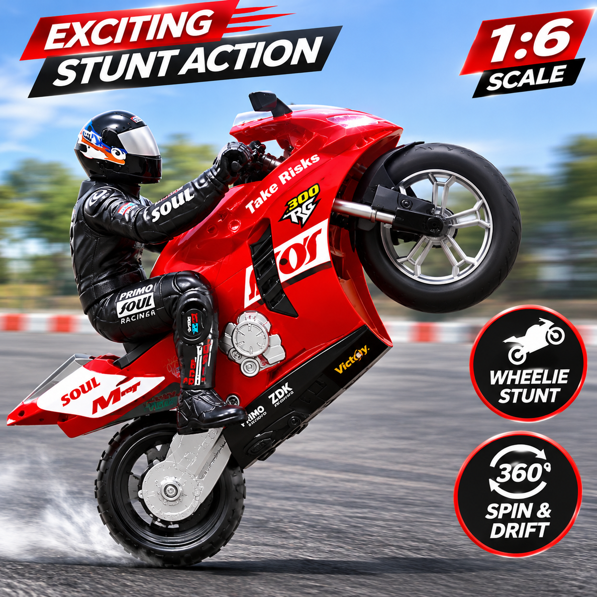1:6 RC Stunt Motorcycle Remote Control Motorbike 360° Drift Wheelie Red Blue