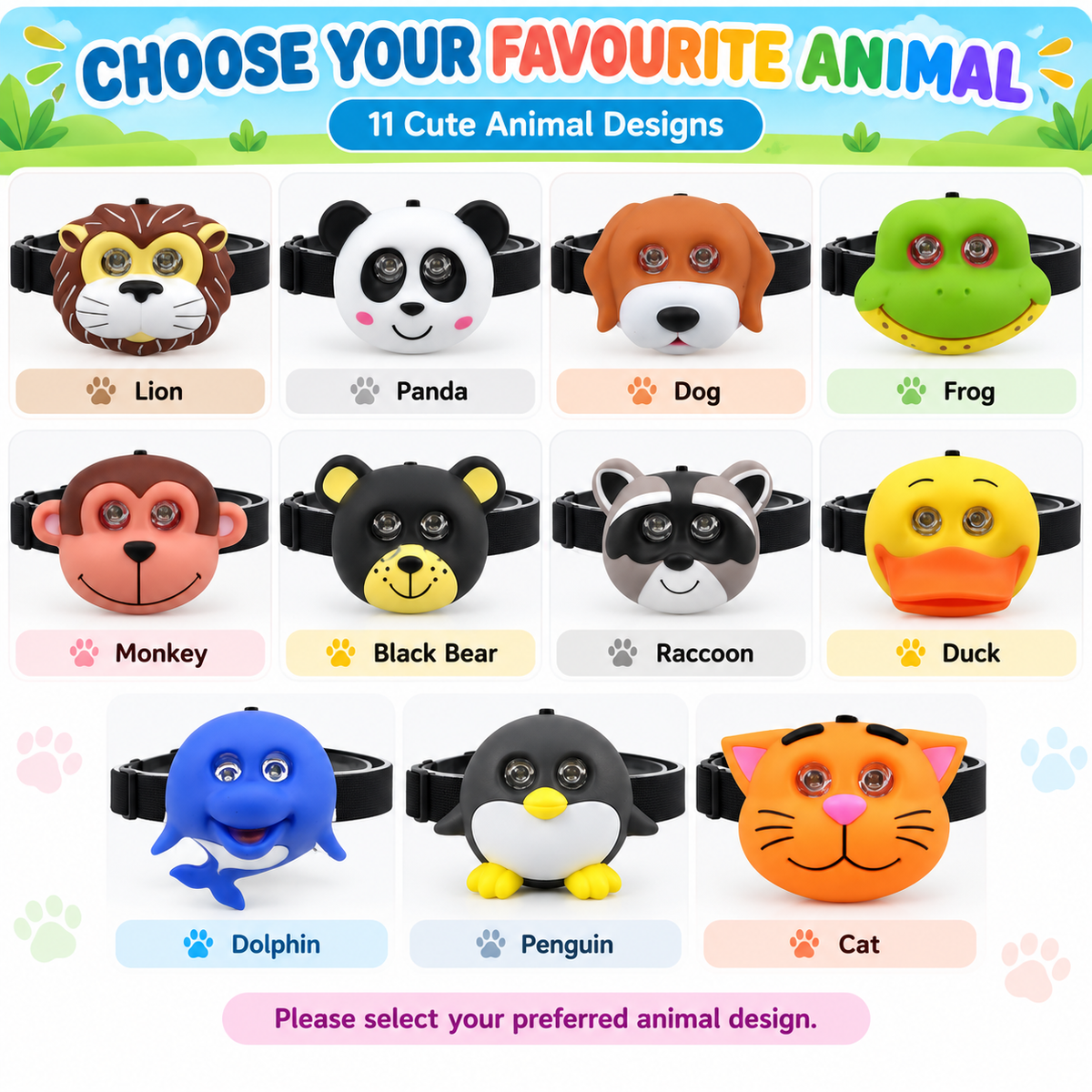 Cute Animal LED Head Torch Headlamp Adjustable Camping Light Flashlight
