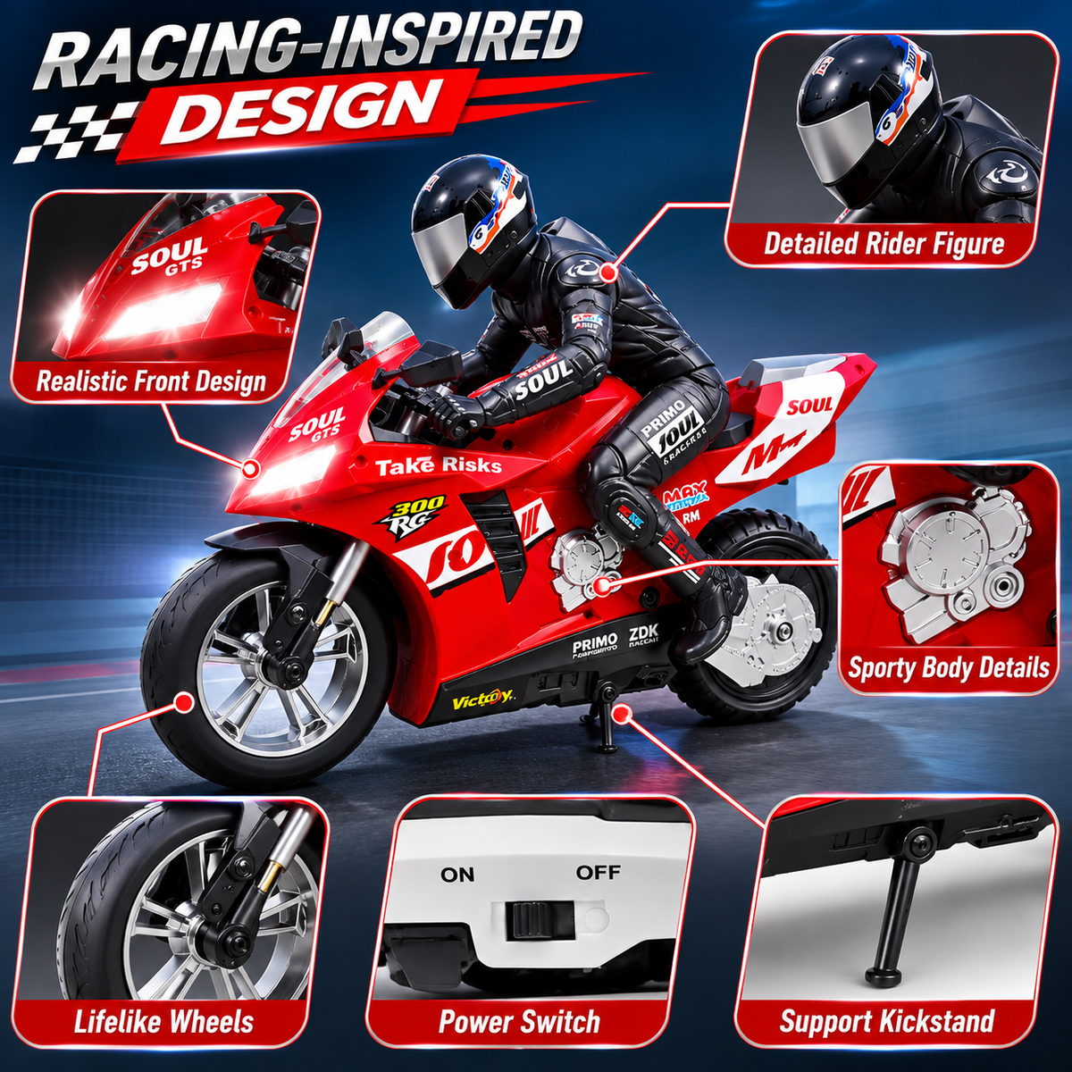 1:6 RC Stunt Motorcycle Remote Control Motorbike 360° Drift Wheelie Red Blue