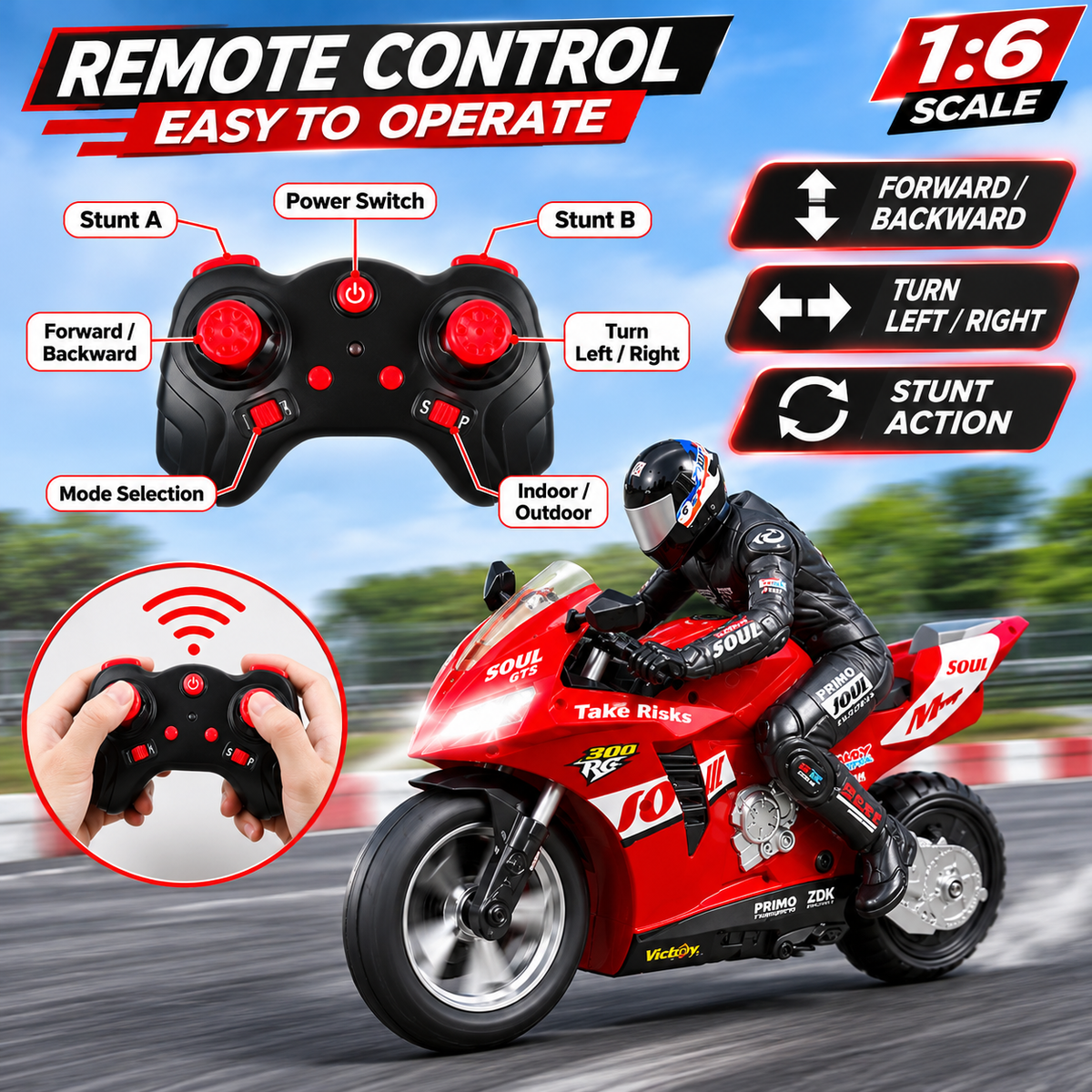 1:6 RC Stunt Motorcycle Remote Control Motorbike 360° Drift Wheelie Red Blue