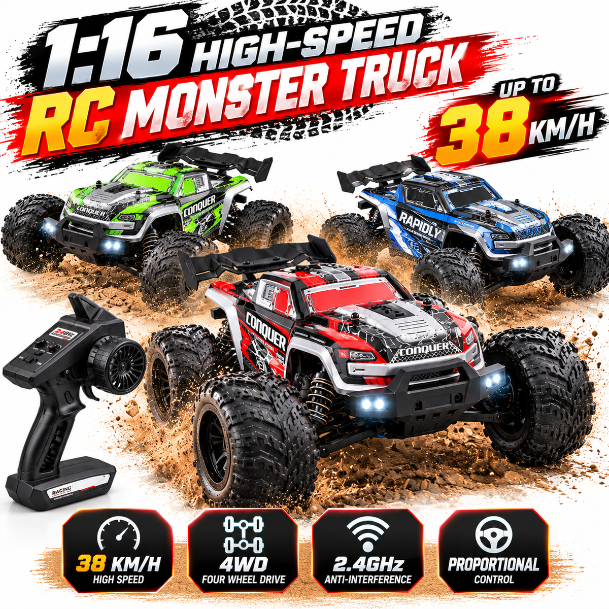 1:16 RC Car 38km/h 4WD High Speed Off Road Monster Truck 2.4GHz Remote Control