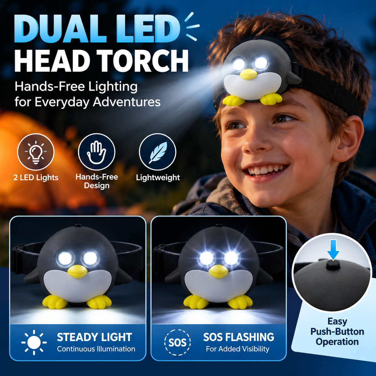 Cute Animal LED Head Torch Headlamp Adjustable Camping Light Flashlight
