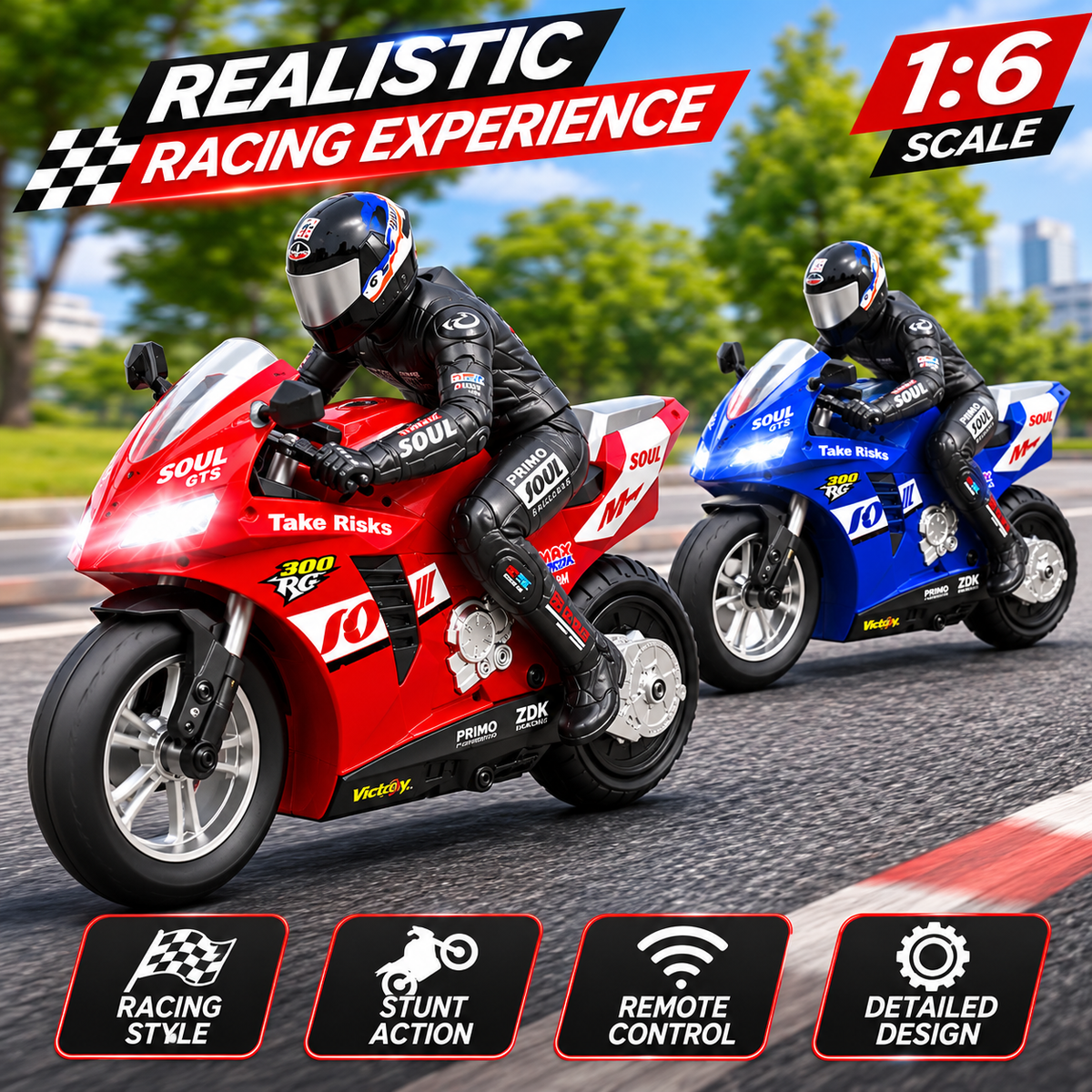 1:6 RC Stunt Motorcycle Remote Control Motorbike 360° Drift Wheelie Red Blue