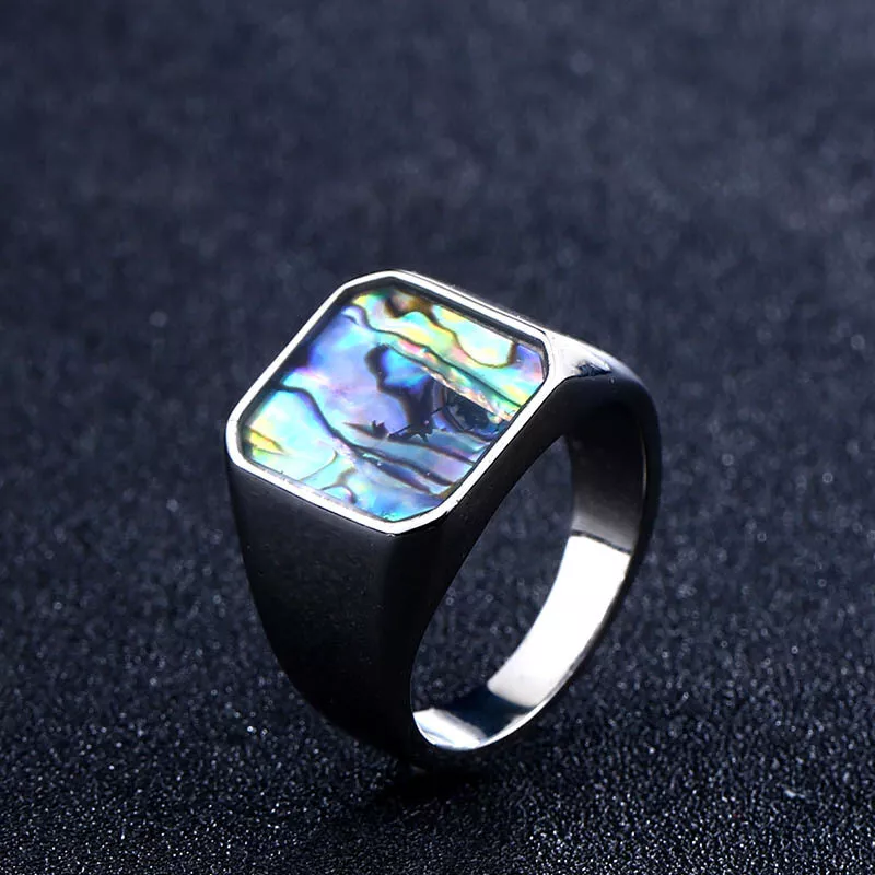 Men Retro Abalone Shell Signet Ring Ocean-Inspired Blue & Green Inlay Vintage Statement Unique Gift # R276
