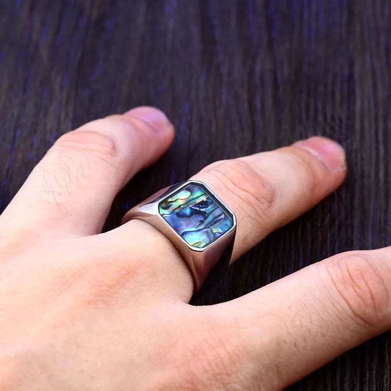 Men Retro Abalone Shell Signet Ring Ocean-Inspired Blue & Green Inlay Vintage Statement Unique Gift # R276