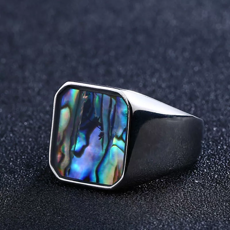 Men Retro Abalone Shell Signet Ring Ocean-Inspired Blue & Green Inlay Vintage Statement Unique Gift # R276