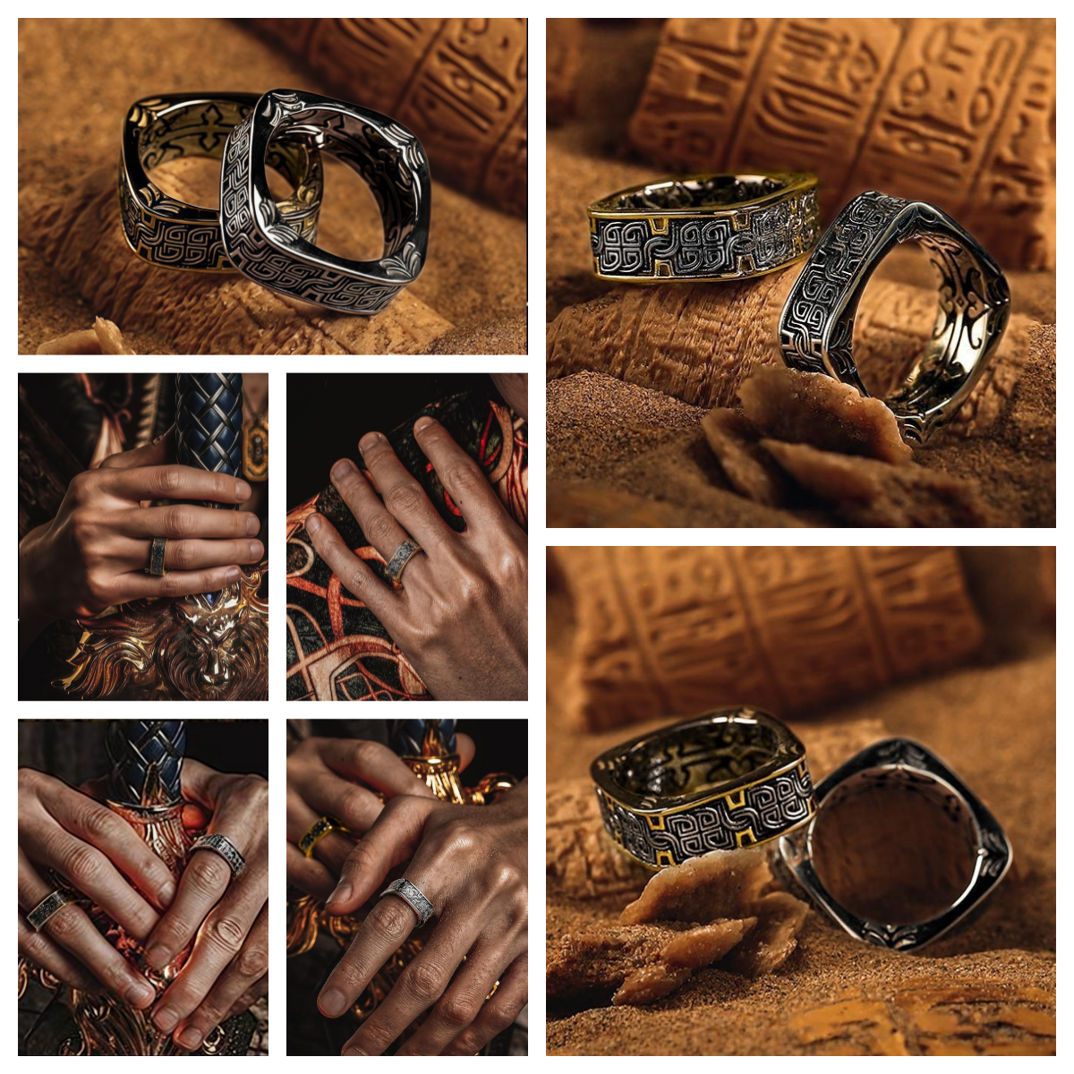 Men Vintage Norse Square Ring Dark Aesthetic Gothic Jewelry Totem Engraving Band R348