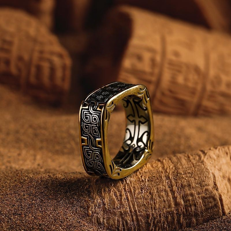 Men Vintage Norse Square Ring Dark Aesthetic Gothic Jewelry Totem Engraving Band R348