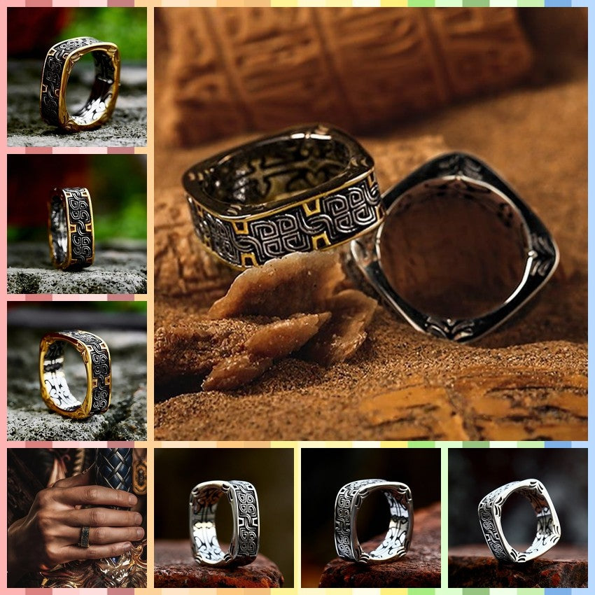 Men Vintage Norse Square Ring Dark Aesthetic Gothic Jewelry Totem Engraving Band R348