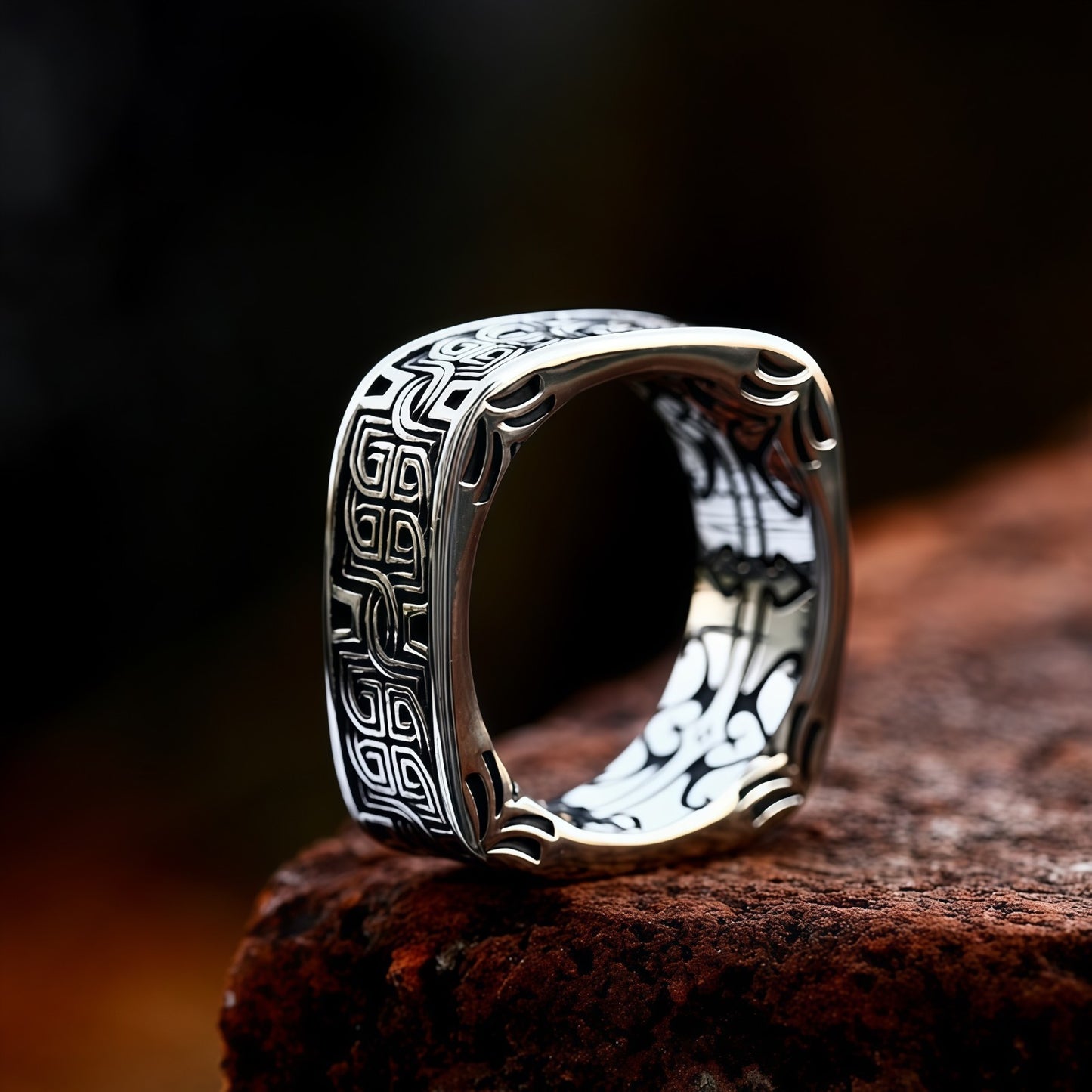 Men Vintage Norse Square Ring Dark Aesthetic Gothic Jewelry Totem Engraving Band R348