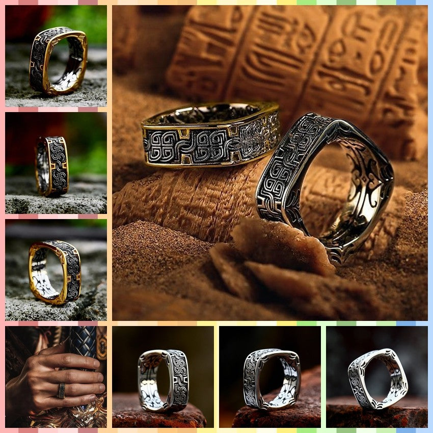 Men Vintage Norse Square Ring Dark Aesthetic Gothic Jewelry Totem Engraving Band R348