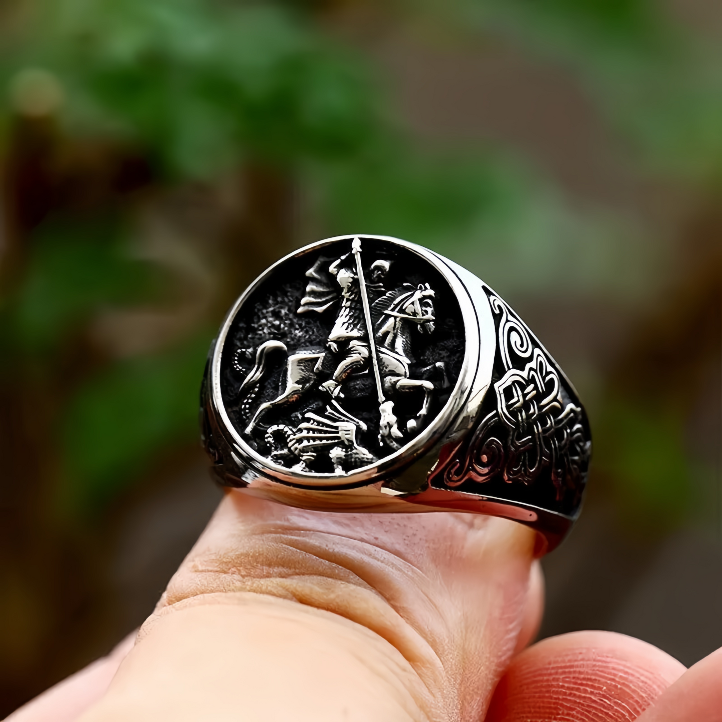 Men Stainless Steel Saint George Dragon Slayer Ring Knight Celtic Signet Jewelry # R280