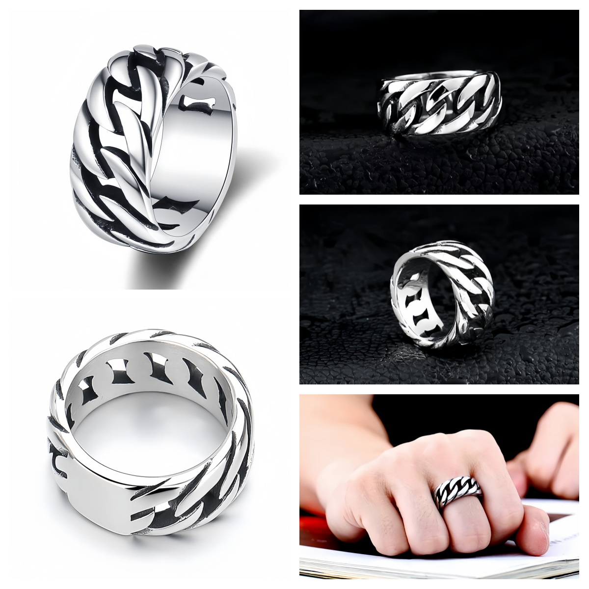 Men Cuban Link Chain Stainless Steel Rings Chunky Polished Band Biker Punk Style R215